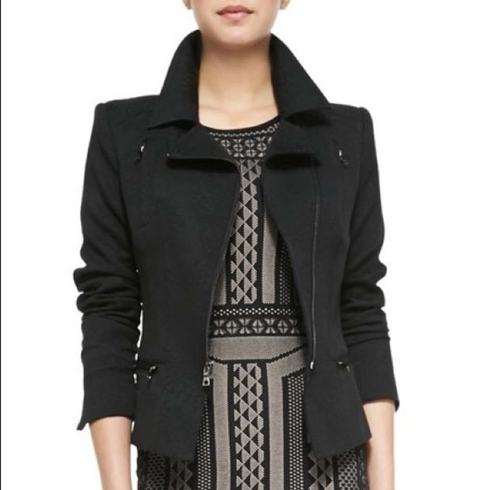 BCBG Boe Moto Zip-front Floral-jacquard peplum jacket